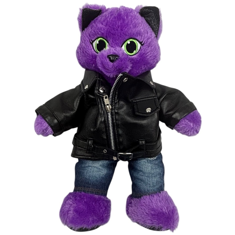 BAB Purple Shiny Black Ears Feet 16” Halloween Cat With Leather Jacket & Jeans